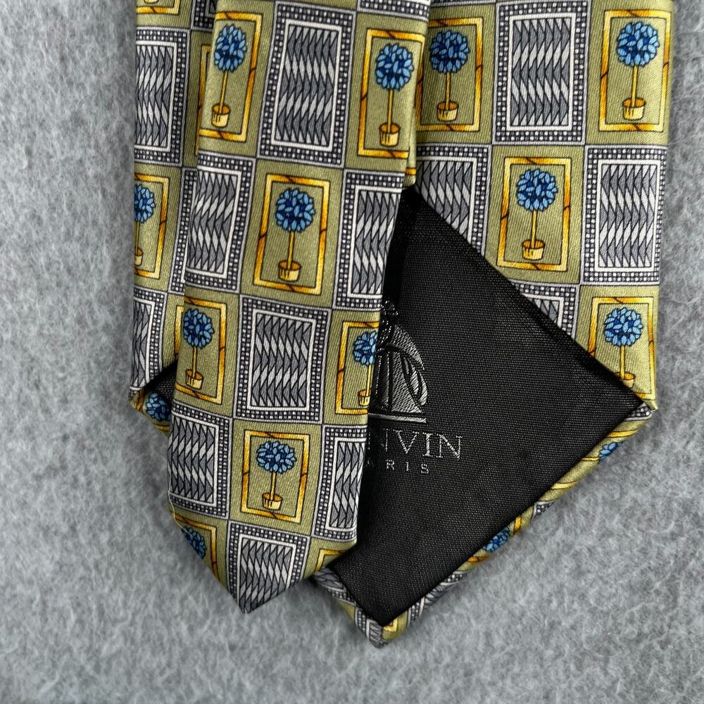 Lanvin Paris Necktie Blue Tree Gray Gold Geometric Silk Made In France Tie - Picture 7 of 8